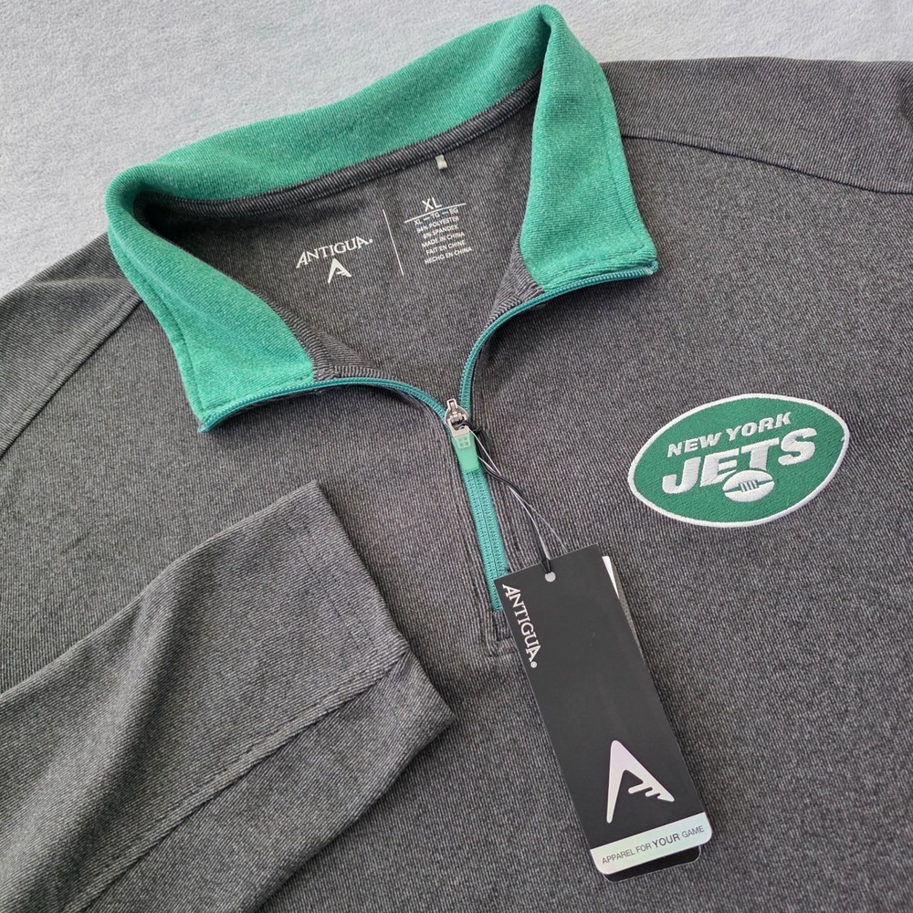 Antigua New York Jets Mens XL Quarter Zip Pullover Charcoal Grey Green NFL New